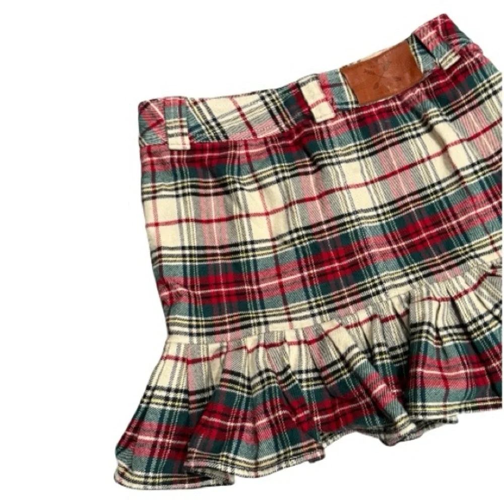 Ralph Lauren Girls Red Plaid Ruffle Mini Skirt Size 14 Preppy Tartan Wool Blend